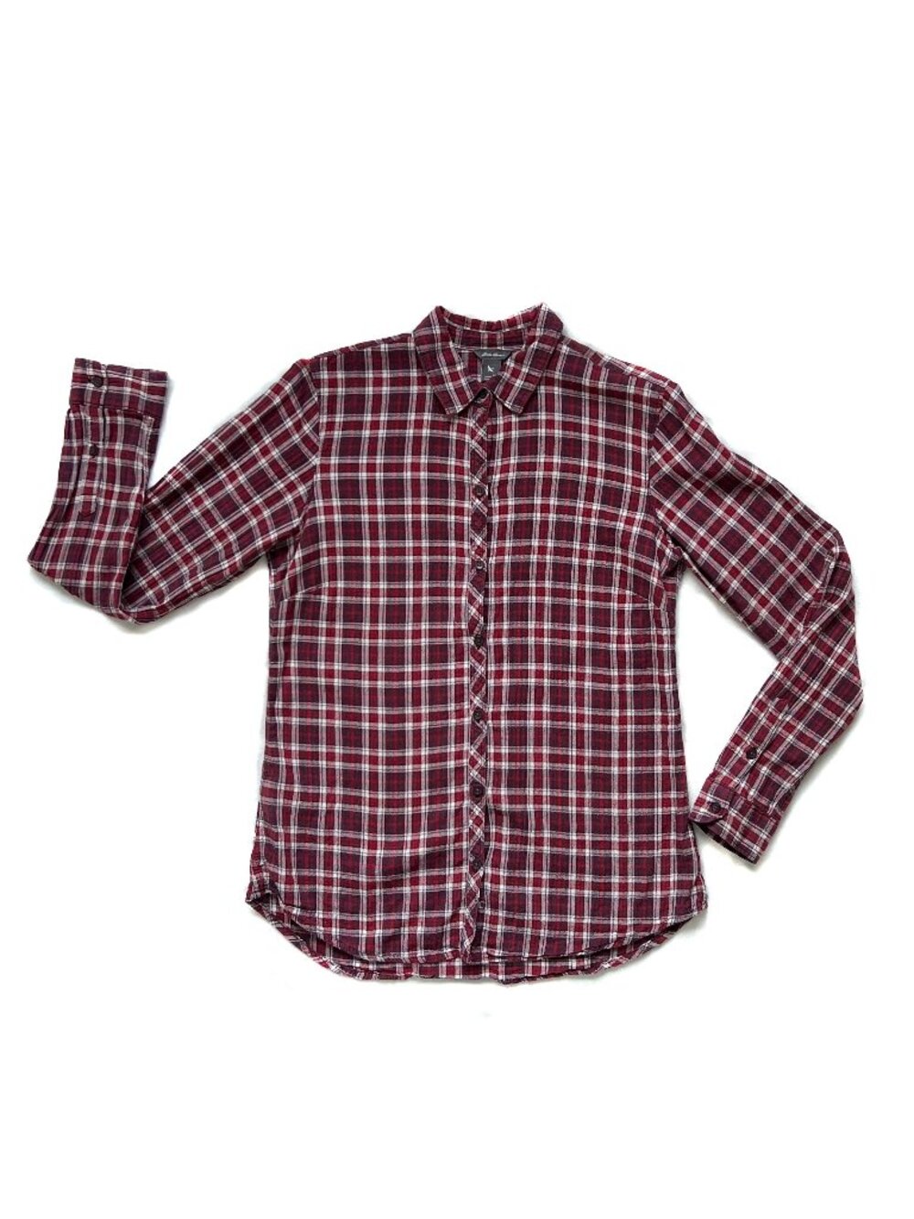 Eddie Bauer flannel button down, red plaid, XS
